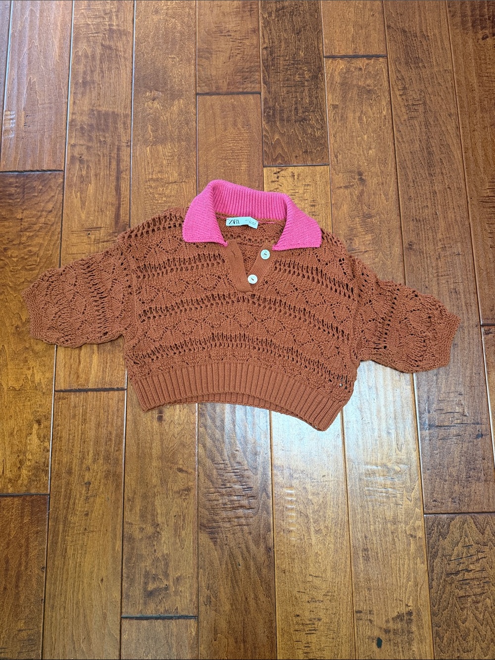 Zara Cropped Open-Knit Polo with Pink Collar